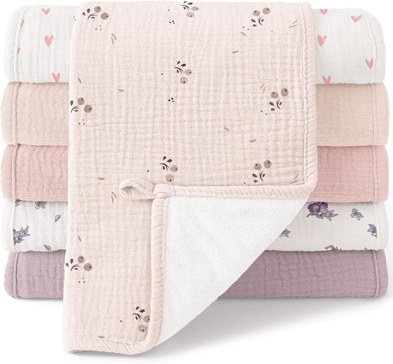 Bearmoss Muslin Burp Cloths, 100% Cotton Baby Burping Clothes, Large Extra Soft Absorbent for Unisex Newborn Boy and Girl, 20x10in, 6 Pack, Pink Print - Image 1